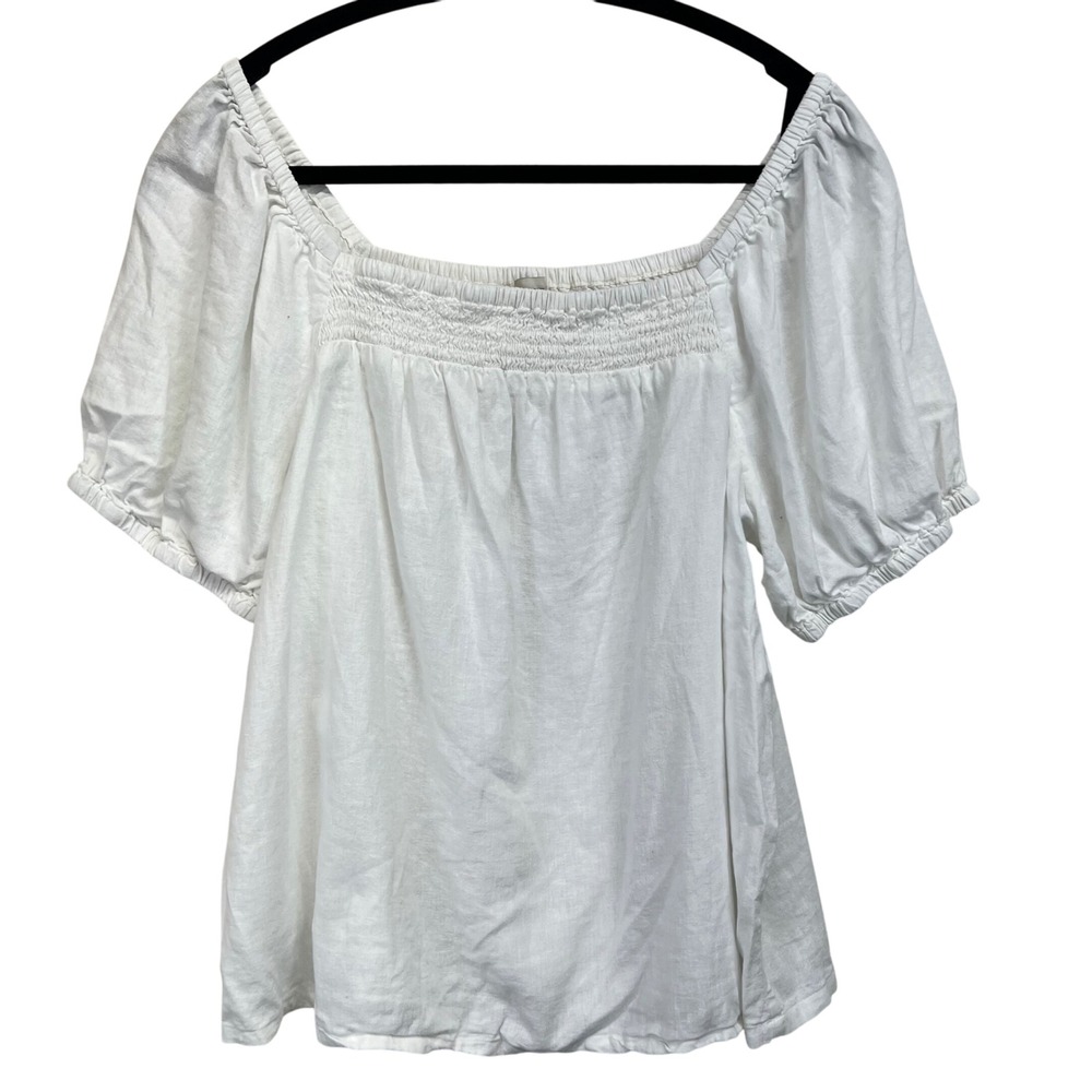 LOFT Outlet White Smocked Square Neck Puff Sleeve Linen Blend Top Size L READ